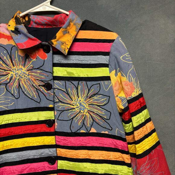 Art To Wear Blazer Patchwork Floral Boho Multicolor Flax Viscose Blend Studded - Picture 6 of 11